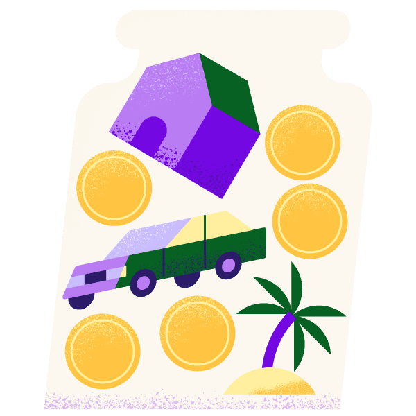 A house, car, money, and an island displayed inside a vase