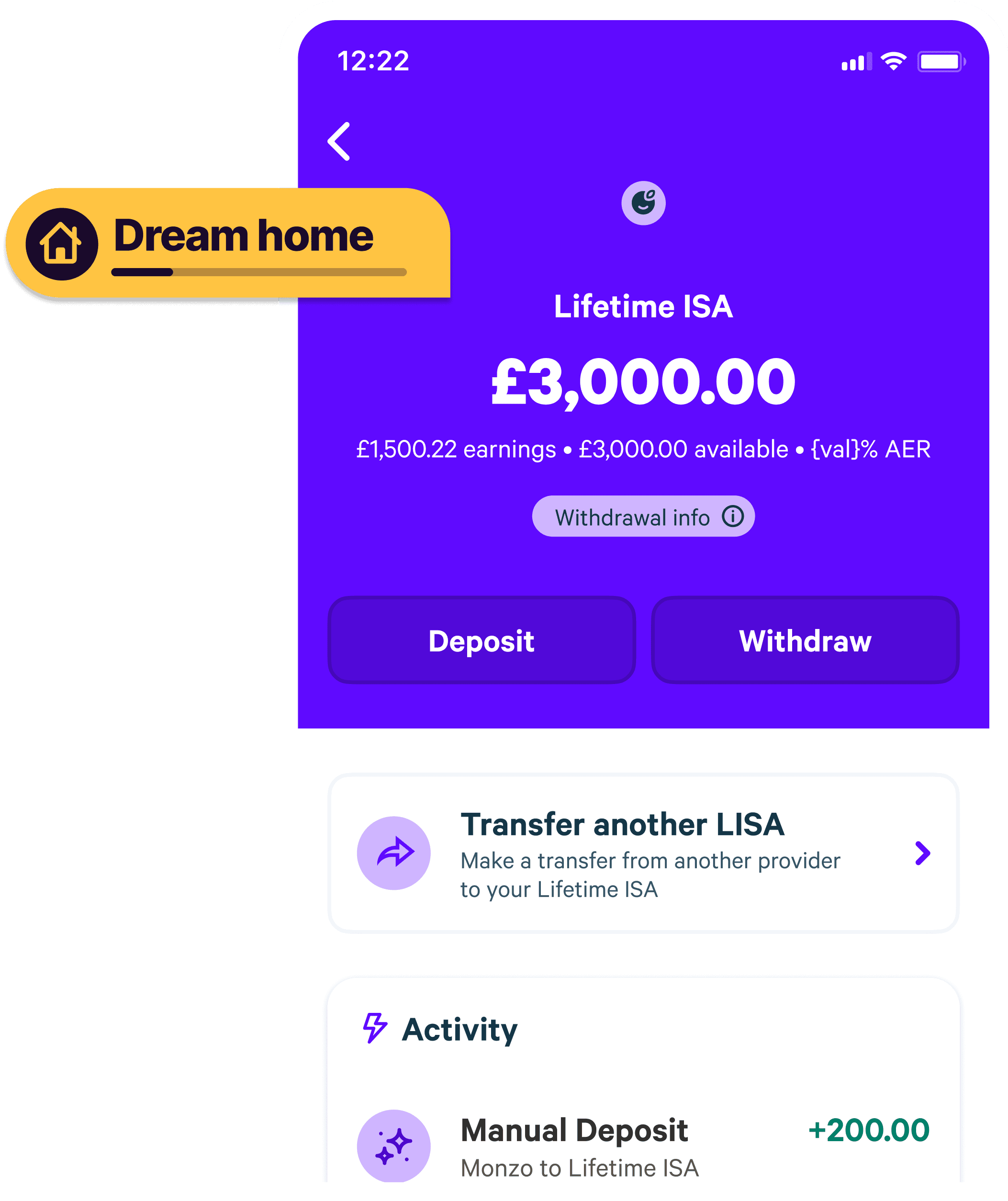 App screen showing a Lifetime ISA balance, with a “Dream home” label highlighting the goal.