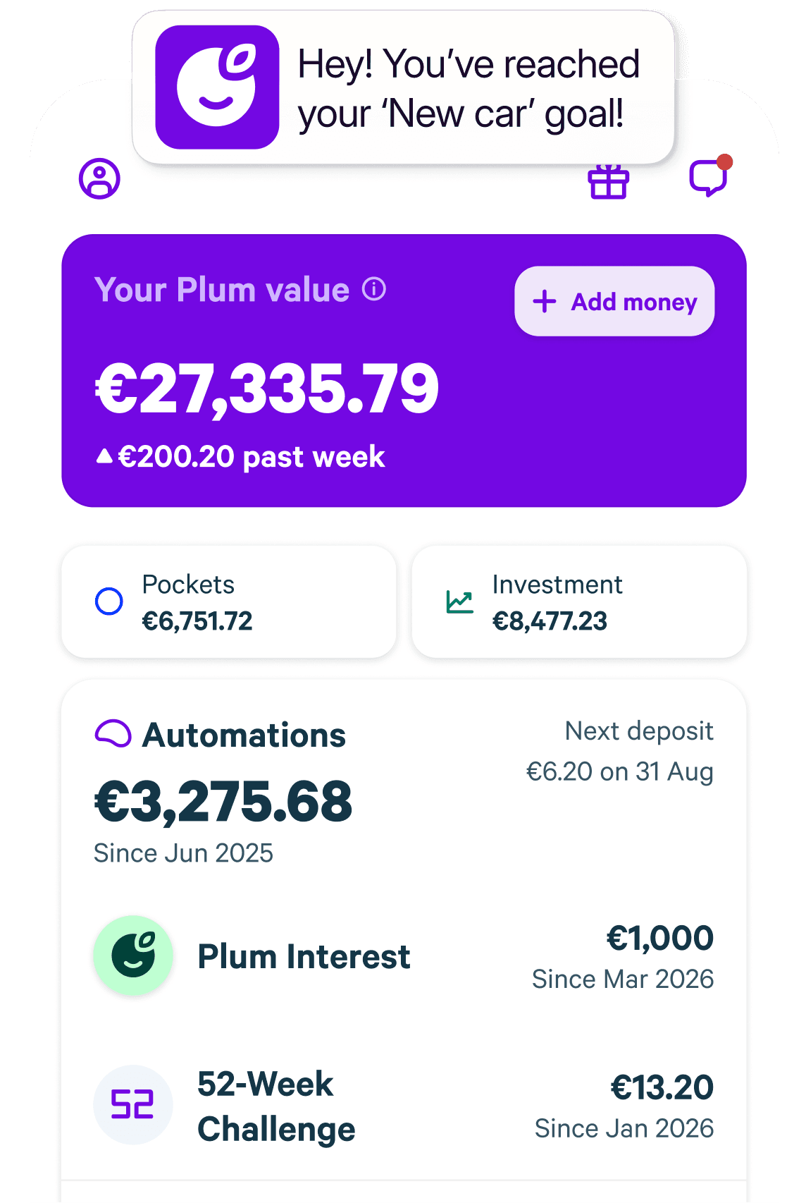 EU mobile app showing total 27,000 eur in the app