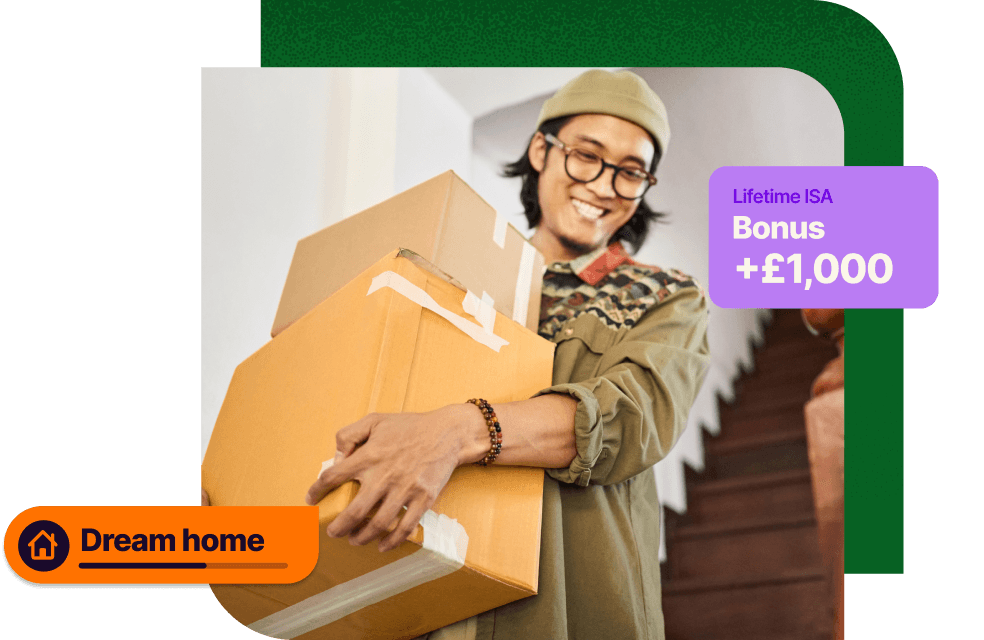 Smiling person carrying cardboard boxes, moving into a new home, accompanied by labels indicating a "Lifetime ISA Bonus +£1,000" and a highlighted section labeled "Dream home.