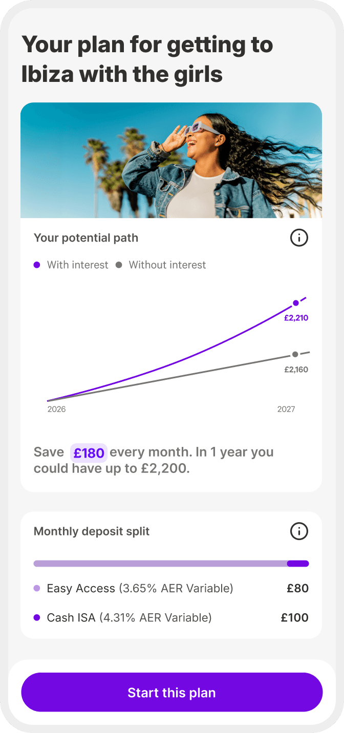 Plum Plan showing Holiday with Cash ISA and Easy Access saving £180 a month