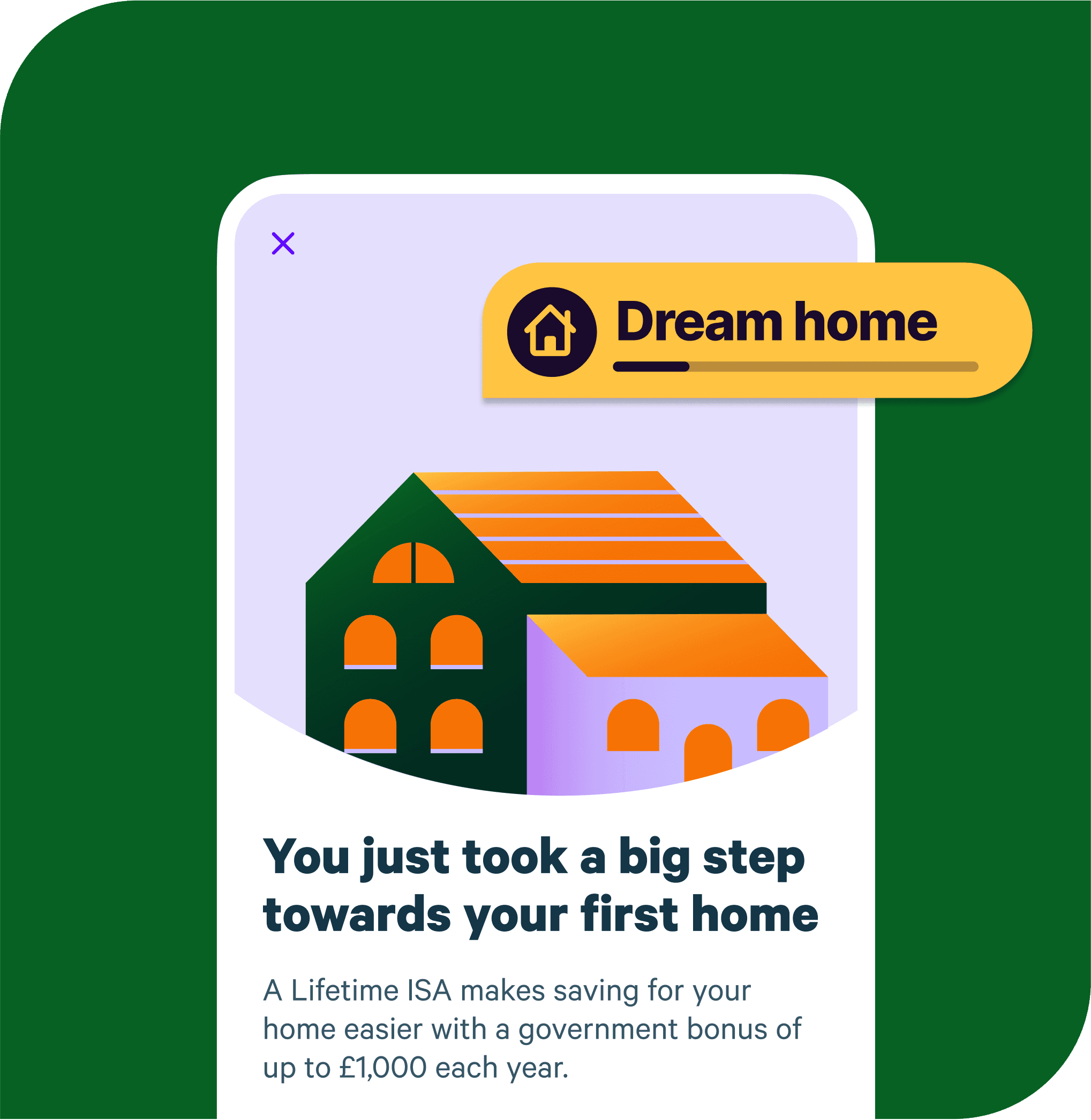 Illustration showing a house and a coin, with text about taking a big step towards buying your first home. It says "You just took a big step towards your first home – A lifetime ISA makes saving for your home easier with a government bonus of up to £1,000 each year'.