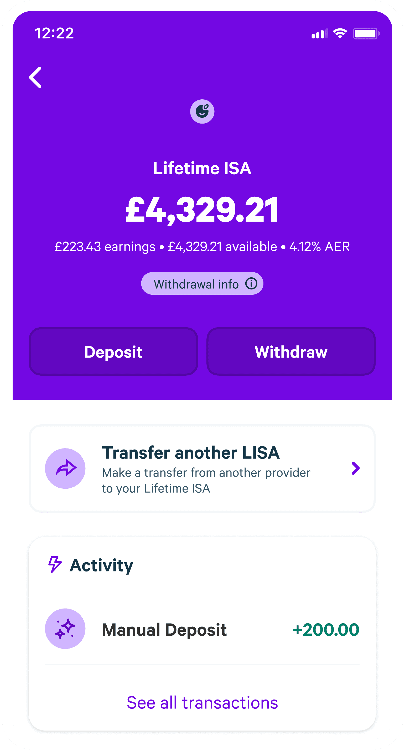App screen showing a Lifetime ISA balance