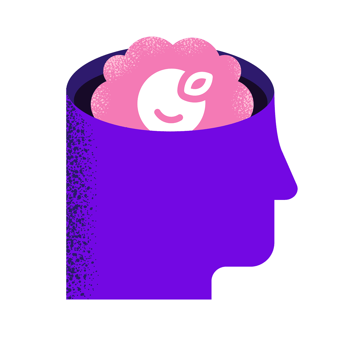 Purple outline of head with pink brain and plum logo inside illustration