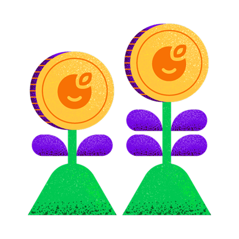 Coin plant illustrations with plum logo