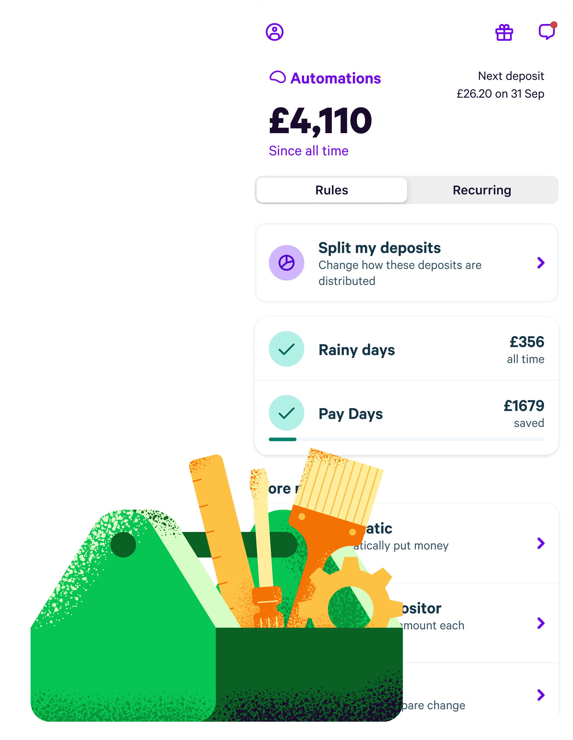 Desktop image showing automations and phone screen with split my deposits and rainy days automations