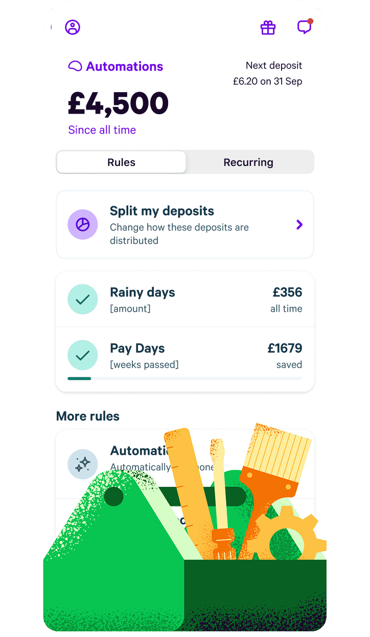 mobvile image showing automations and phone screen with split my deposits and rainy days automations