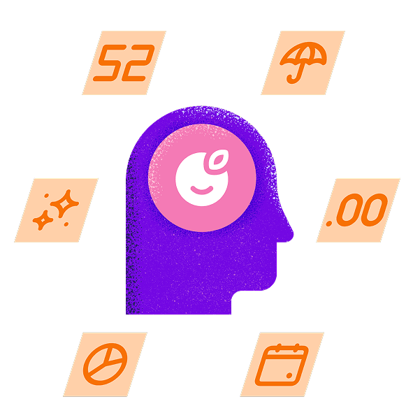 Illustration of a purple human head silhouette with a stylised smiling face inside. Surrounding the head are six orange icons on beige tiles, representing numbers, a pie chart, a calendar, an umbrella, sparkles, and a currency symbol.