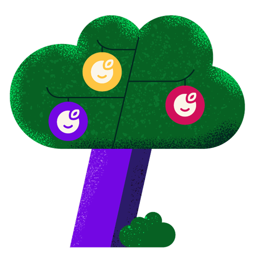 Illustration of a green tree with three colourful fruit icons hanging from branches.