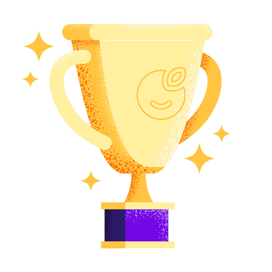Illustration of a golden trophy with a smiling Plum logo engraved on it.