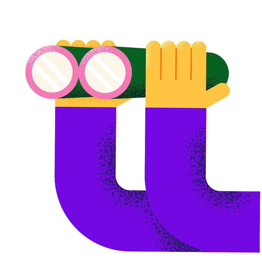 Illustration of a person holding binoculars, looking ahead with both hands.