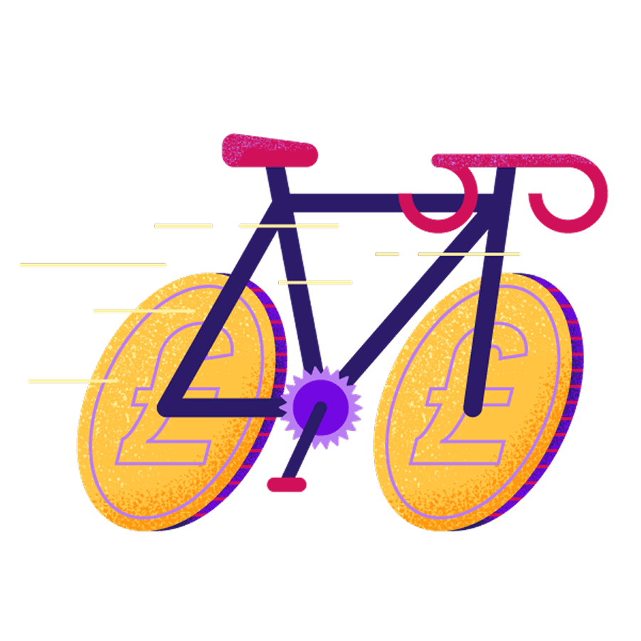 An illustration of a purple road bike. It looks like it's moving forwards. There are pound signs in the wheels, which are yellow.