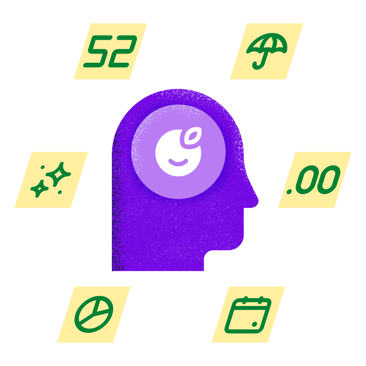 A human head with the Plum logo inside the brain area, surrounded by various icons representing different concepts.