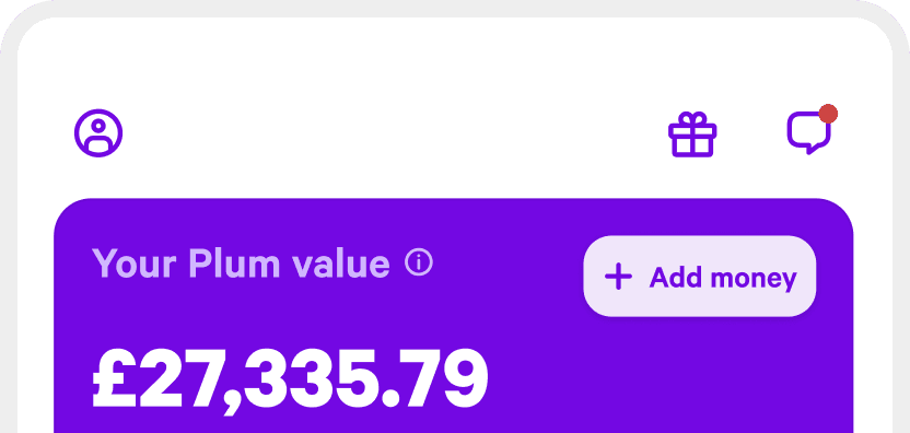 Mobile banking app-Plum showing account balance of £27,335.79, with icons for profile, rewards, and messages at the top.