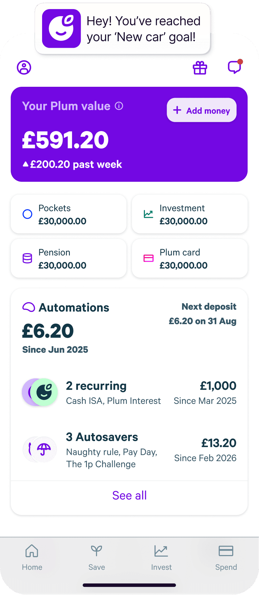 mobile image showing automations and phone screen with split my deposits and rainy days automations