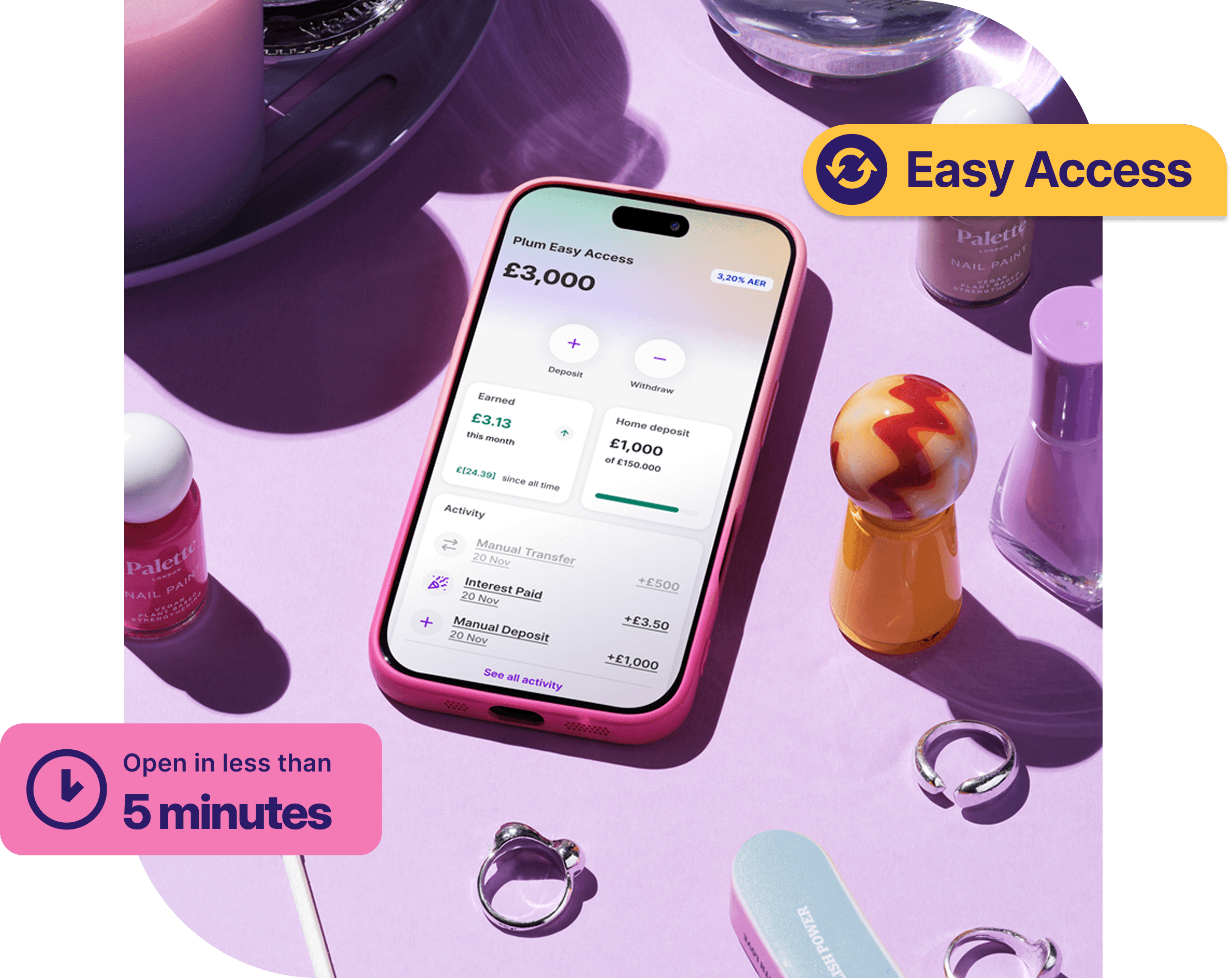 Flat lay phone showing Plum UI and Easy Access Account