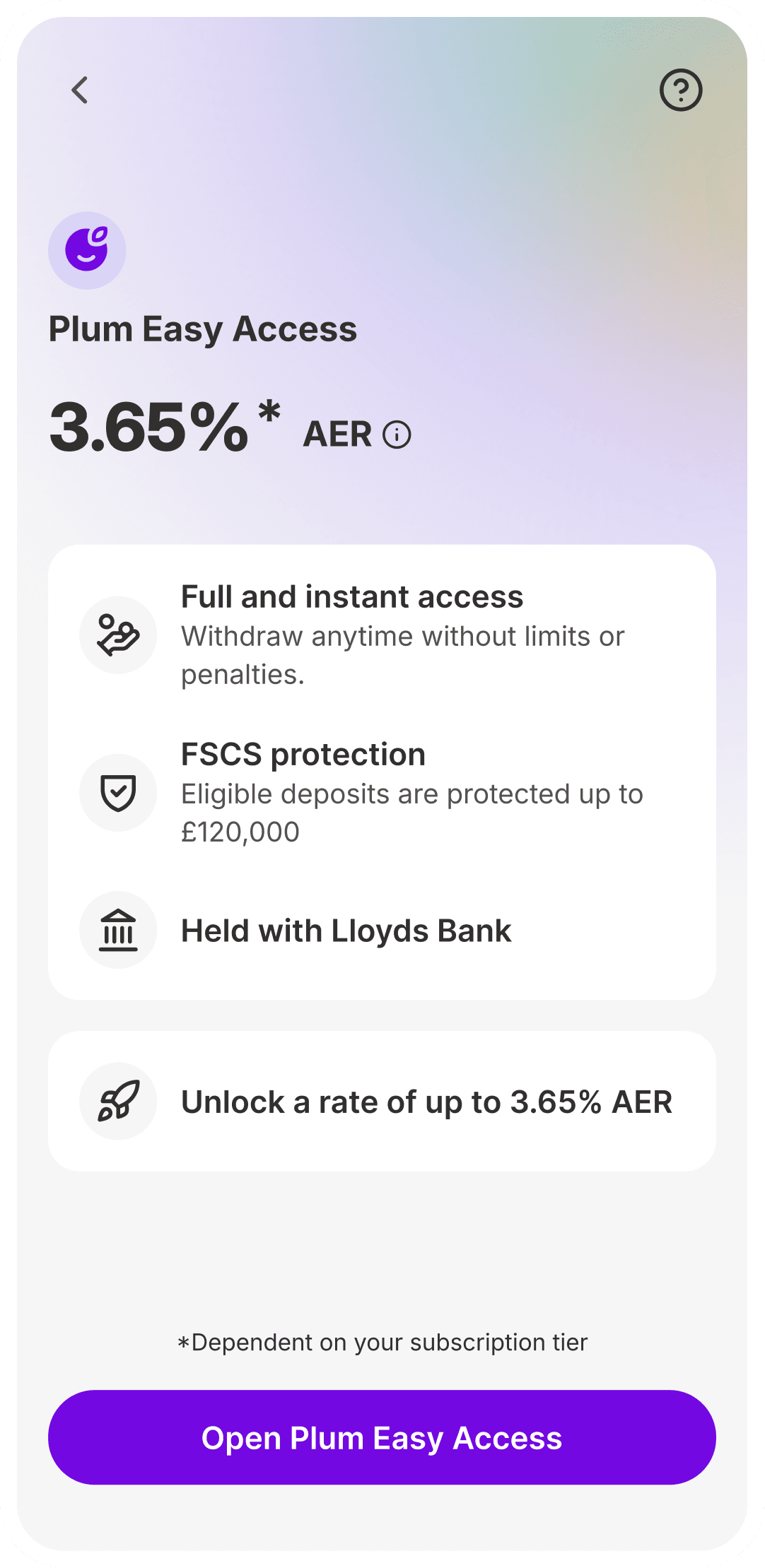 Plum Easy access screen in a mobile