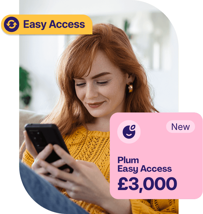 Woman looking at phone with Plum Easy Access overlay