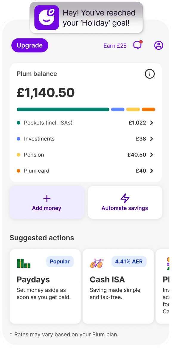 Plum Mobile UI showing Pocket value of £1,140.50